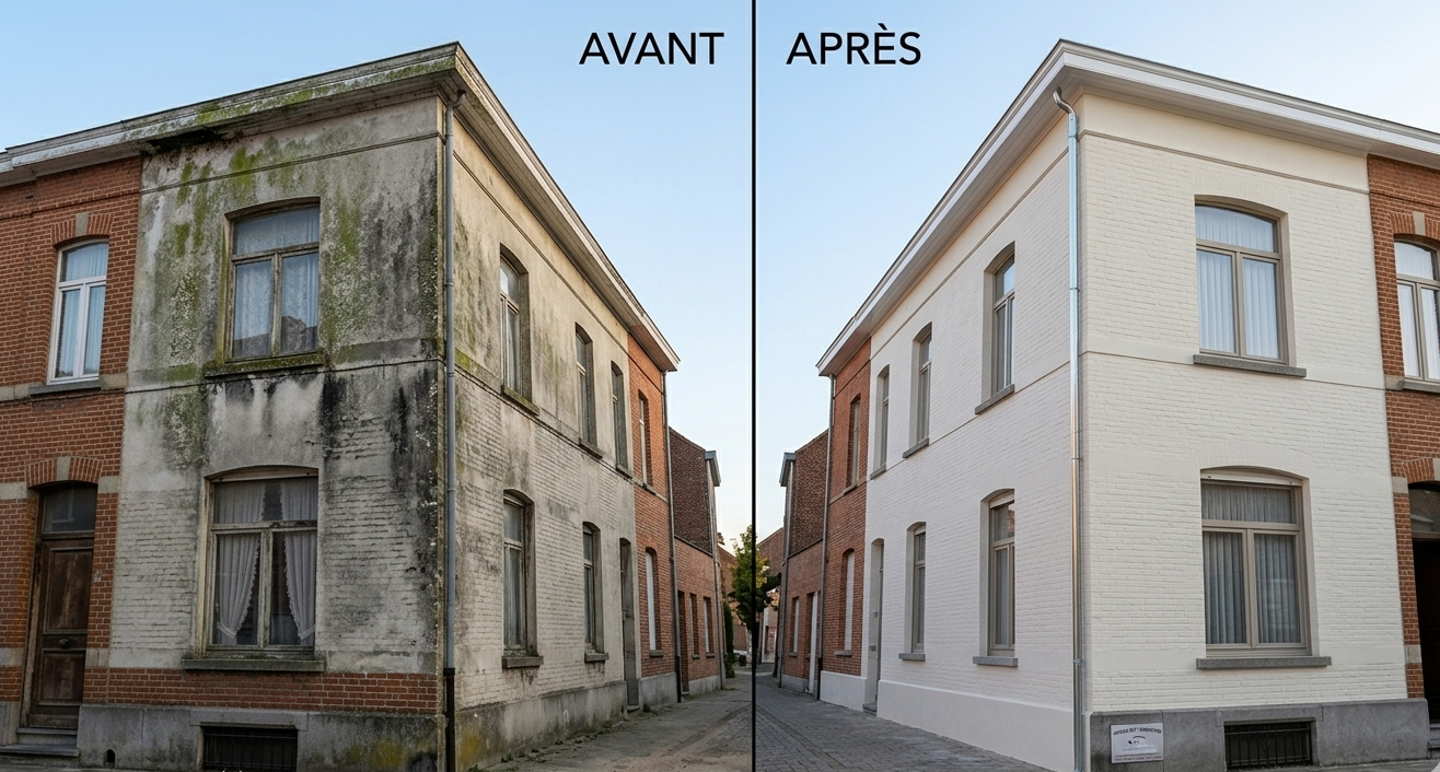 Avant-après d'une rénovation complète de façade en Wallonie par L.W. Renovatie — gauche façade noircie envahie de mousse, droite façade nettoyée et repeinte en blanc
