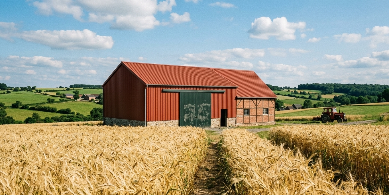 Hangar agricole rénové et repeint en rouge par L.W. Renovatie, vue avec champ de blé en Hainaut belge