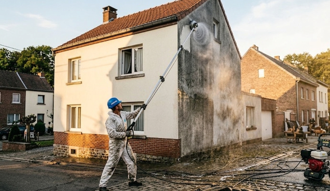Nettoyage haute pression Kärcher d'une façade noircie par L.W. Renovatie dans un village wallon, résultat avant-après visible